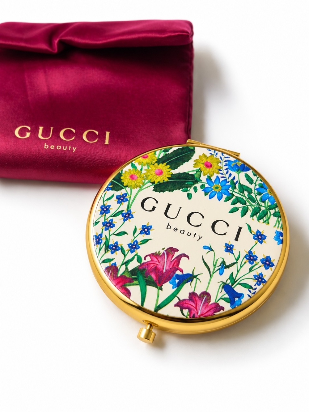 Gucci Floral Gold-Tone Compact Mirror with Burgundy Pouch